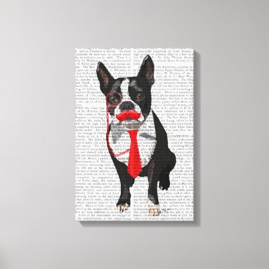Boston Terrier mit roter Krawatte und Mustache Leinwanddruck (Vorderseite)