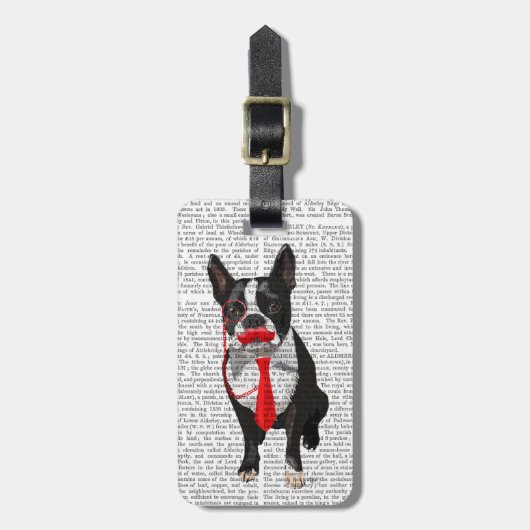 Boston-Terrier mit roter Krawatte und Schnurrbart Gepäckanhänger (Vorderseite vertikal)