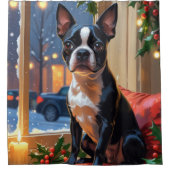 Boston Terrier mit Weihnachtsbeleuchtung Urlaub Duschvorhang (Vorderseite)