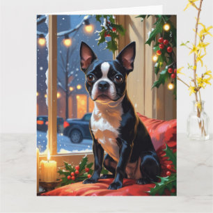 Boston Terrier mit Weihnachtsbeleuchtung Urlaub Karte