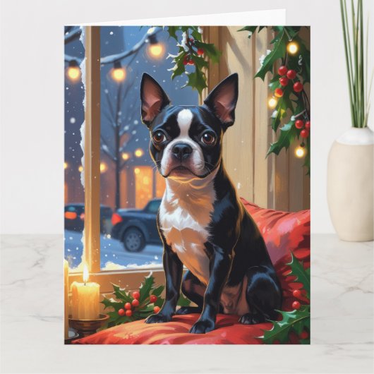 Boston Terrier mit Weihnachtsbeleuchtung Urlaub Karte (Vorderseite)