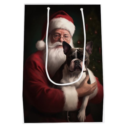 Boston Terrier mit Weihnachtsmann Weihnachten Mittlere Geschenktüte (Rückseite)