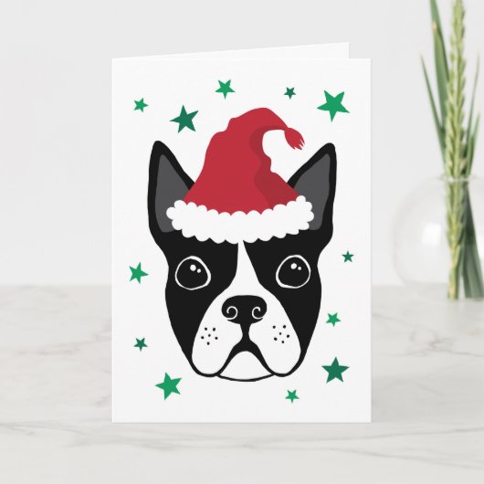 Boston Terrier mit Weihnachtsmannmütze Weihnachtsk Karte (Vorderseite)
