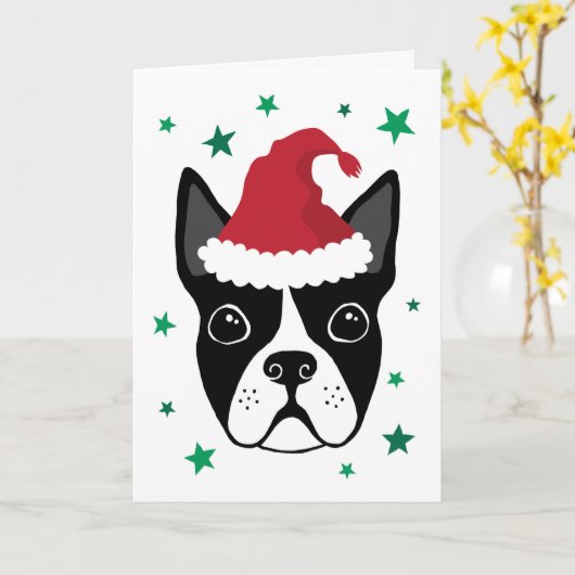 Boston Terrier mit Weihnachtsmannmütze Weihnachtsk Karte (Gelbe Blume)