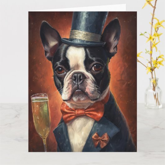 Boston Terrier New Year Karte (Gelbe Blume)