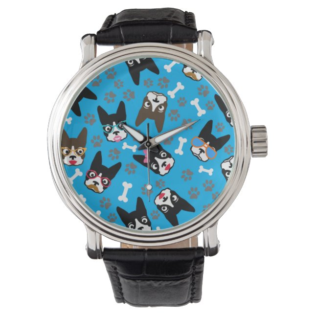 Boston Terrier Niedlich Mustache Funny Faces Armbanduhr (Vorderseite)