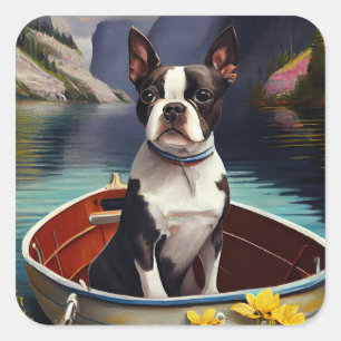 Boston Terrier on a Paddle: A Scenic Adventure Quadratischer Aufkleber