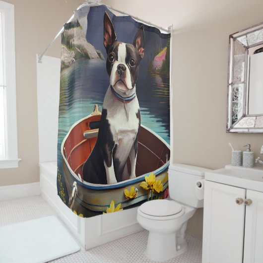 Boston Terrier on a Paddle: Ein Landschaftliches A Duschvorhang (Beispiel)
