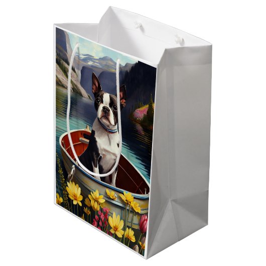 Boston Terrier on a Paddle: Ein Landschaftliches A Mittlere Geschenktüte (Rückseite Schrägansicht)