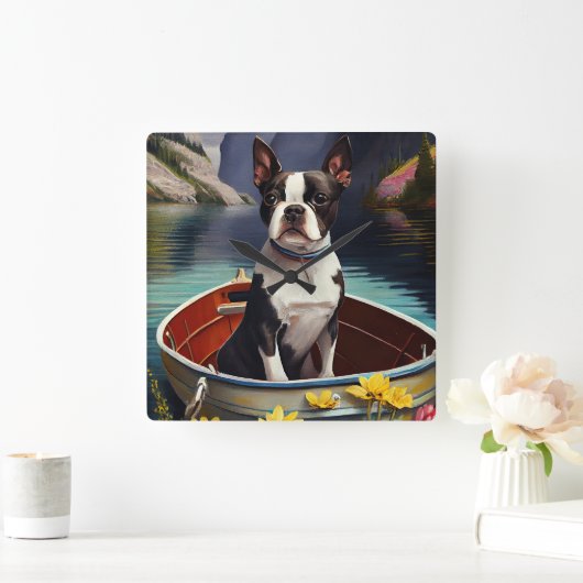 Boston Terrier on a Paddle: Ein Landschaftliches A Quadratische Wanduhr (Zuhause)