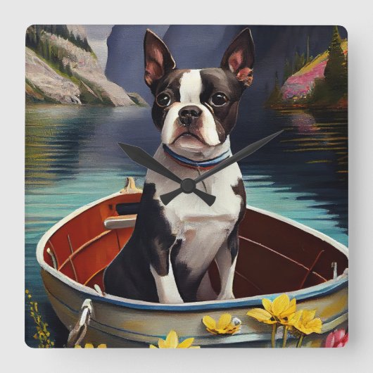 Boston Terrier on a Paddle: Ein Landschaftliches A Quadratische Wanduhr (Vorderseite)