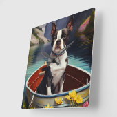 Boston Terrier on a Paddle: Ein Landschaftliches A Quadratische Wanduhr (Winkel)
