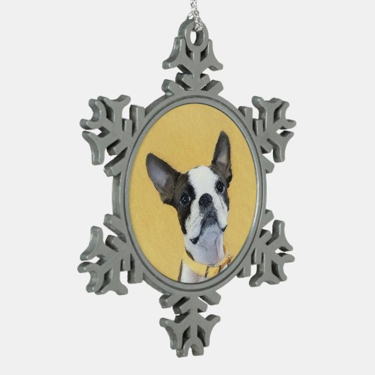 Boston Terrier Painting - Niedliche Original Dog A Schneeflocken Zinn-Ornament (Links)