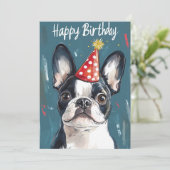 Boston Terrier Party Hat Birthday Party Einladung (Stehend Vorderseite)