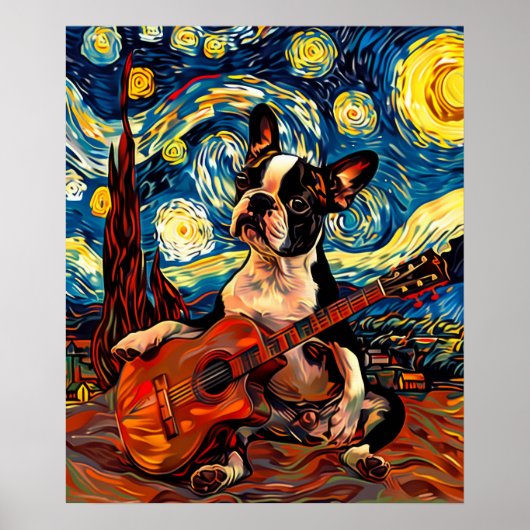 Boston Terrier Playing Guitar Poster - Niedlicher (Vorne)