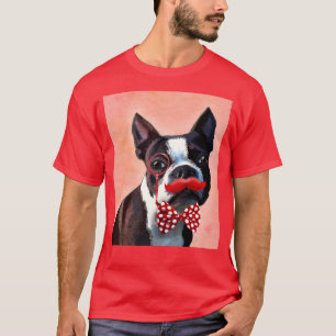 Boston-Terrier-Porträt mit roter Bogen Krawatte T-Shirt
