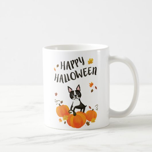 Boston Terrier Pumpkin Herbstlaub Halloween Tasse (Rechts)