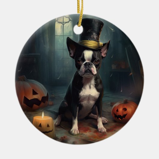 Boston Terrier Pumpkins Halloween Beängstigend Keramik Ornament (Vorne)