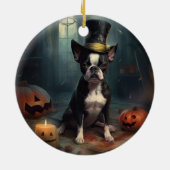 Boston Terrier Pumpkins Halloween Beängstigend Keramik Ornament (Hinten)