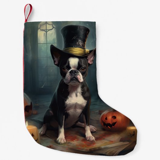 Boston Terrier Pumpkins Halloween Beängstigend Kleiner Weihnachtsstrumpf (Vorderseite)