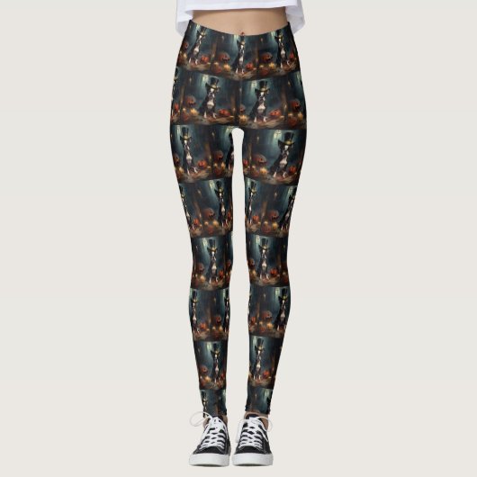 Boston Terrier Pumpkins Halloween Beängstigend Leggings (Vorderseite)