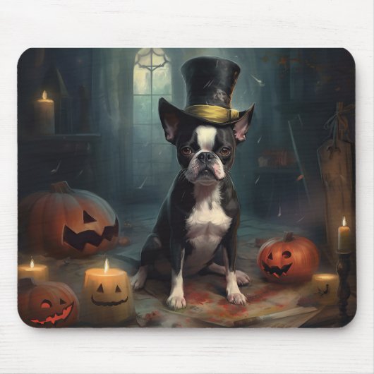 Boston Terrier Pumpkins Halloween Beängstigend Mousepad (Vorne)
