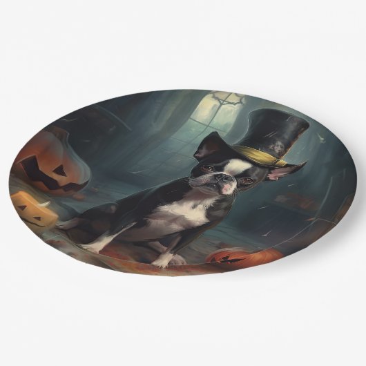 Boston Terrier Pumpkins Halloween Beängstigend Pappteller (Schrägansicht)