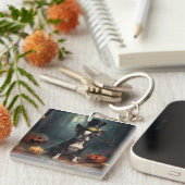 Boston Terrier Pumpkins Halloween Beängstigend Schlüsselanhänger (Vorderseite rechts)