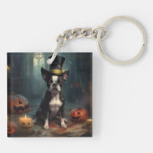 Boston Terrier Pumpkins Halloween Beängstigend Schlüsselanhänger (Rückseite)