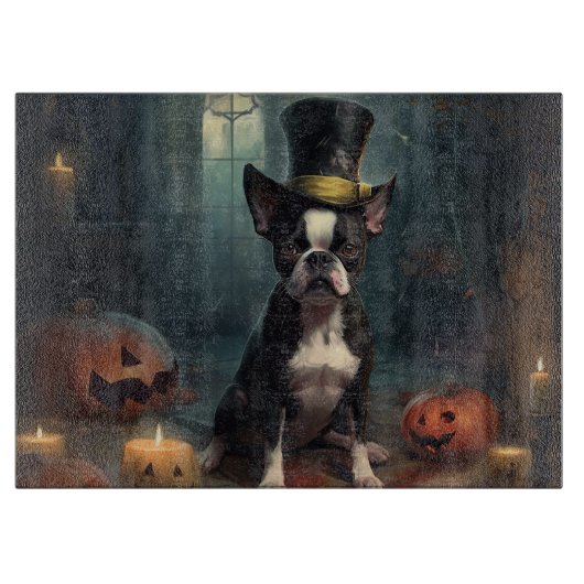 Boston Terrier Pumpkins Halloween Beängstigend Schneidebrett (Vorderseite)