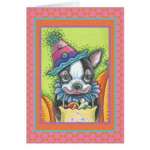 BOSTON TERRIER PUP, HALLOWEN CLOWEN DOG CARD Verse