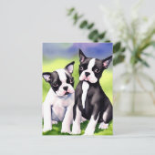 Boston Terrier Puppies Watercolor Postkarte (Stehend Vorderseite)