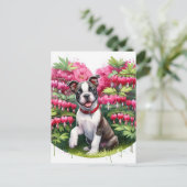 Boston Terrier Puppy Bleeding Herz-Blume Postkarte (Stehend Vorderseite)