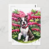 Boston Terrier Puppy Bleeding Herz-Blume Postkarte (Vorne/Hinten)