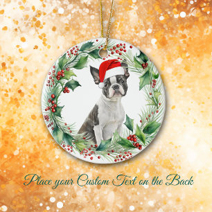 Boston Terrier Puppy Holly Wreath Weihnachtsfeiert Keramik Ornament