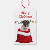 Boston Terrier Puppy in Santa Bag Geschenkanhänger (Vorderseite)