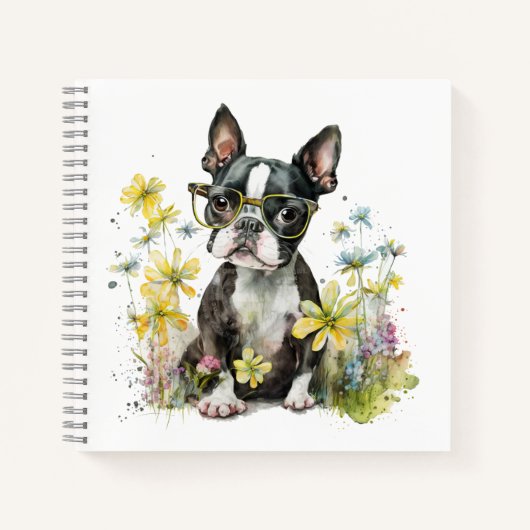 Boston Terrier Puppy mit Brille in Wildblumen Notizblock (Vorderseite)