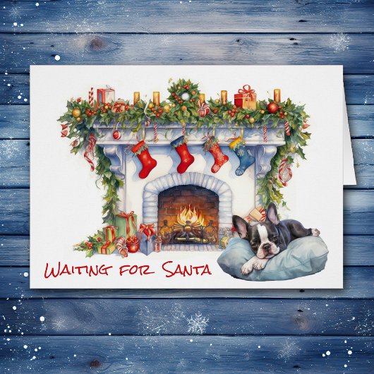 Boston Terrier Puppy wartet auf Santa Fireplace