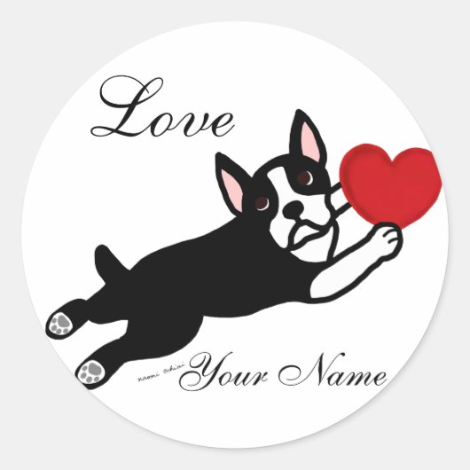 Boston Terrier & Red Heart Cartoon Runder Aufkleber (Vorderseite)
