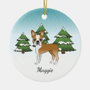 Boston Terrier Reh in einem Winterwald & Name Keramik Ornament