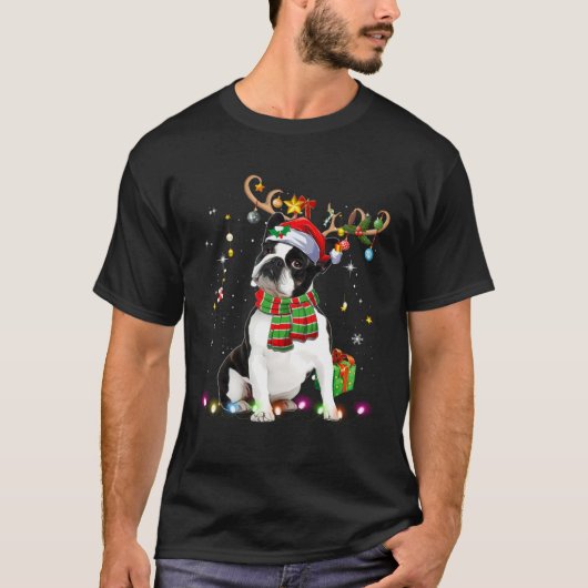 Boston Terrier Reindder Santa Hat Christmas Tree L T-Shirt (Vorderseite)