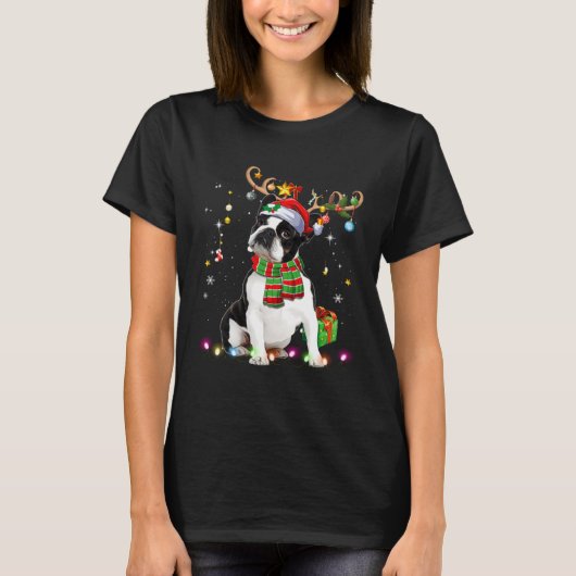 Boston Terrier Reindder Santa Hat Christmas Tree L T-Shirt (Vorderseite)