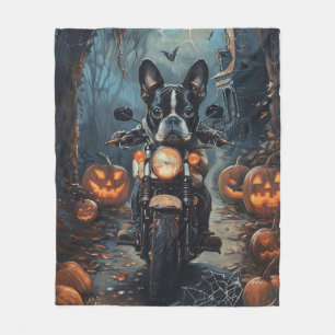 Boston Terrier Riding Motorrad Halloween Beängstig Fleecedecke