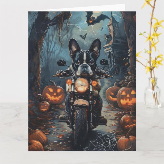 Boston Terrier Riding Motorrad Halloween Beängstig Karte (Gelbe Blume)