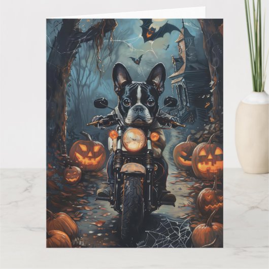 Boston Terrier Riding Motorrad Halloween Beängstig Karte (Vorderseite)