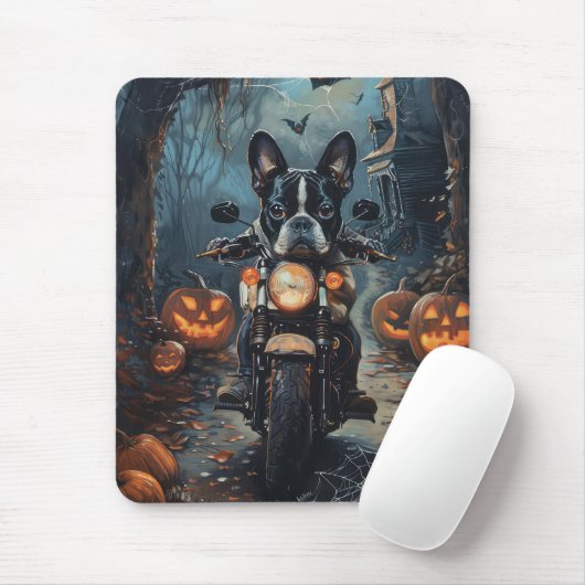 Boston Terrier Riding Motorrad Halloween Beängstig Mousepad (Mit Mouse)