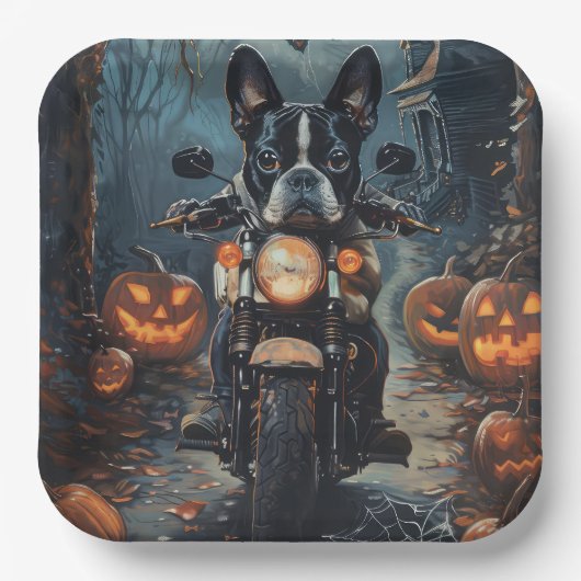 Boston Terrier Riding Motorrad Halloween Beängstig Pappteller (Vorderseite)