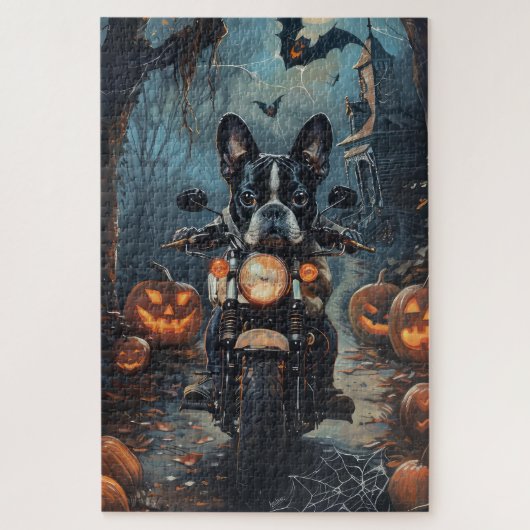 Boston Terrier Riding Motorrad Halloween Beängstig Puzzle (Vertikal)