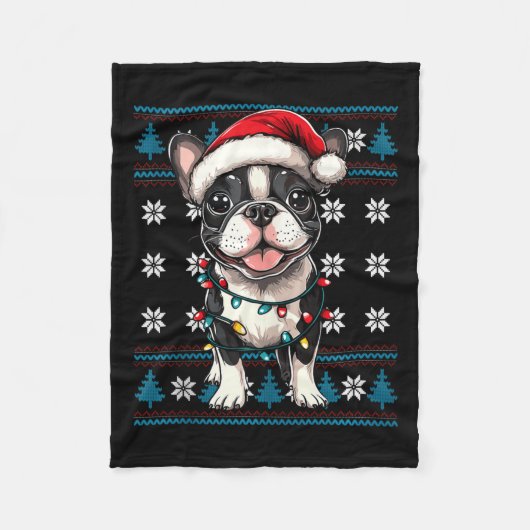 Boston Terrier Santa Xmas Tree Lights Bostie Ugly Fleecedecke (Vorderseite)