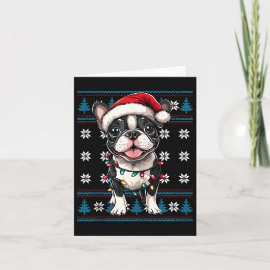 Boston Terrier Santa Xmas Tree Lights Bostie Ugly Karte (Vorderseite)